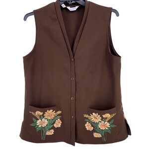 Vintage Levis Strauss 70s Floral Painted Jeweled Vest Brown Polyester Size 38 M